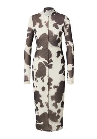 Langärmliges Kleid mit hohem Ausschnitt, das ein schwarz-weißes Kuhfleckenmuster und eine gerade Silhouette mit einer Frontverschluss hat.