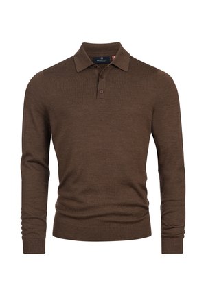 Bruine lange mouw polo met een zachte stof, een platte gebreide kraag, een drieknoopsluiting en geribde manchetten.