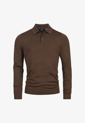 Brązowa koszulka polo z długim rękawem, wykonana z miękkiego materiału, z płaskim kołnierzykiem, trzema guzikami i ściągaczami na rękawach.