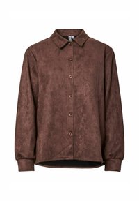 Brun skjortjacka i faux-suede med spetskrage, knappframsida och långa ärmar. Mjuk textur och avslappnad passform med rundad nederkant.