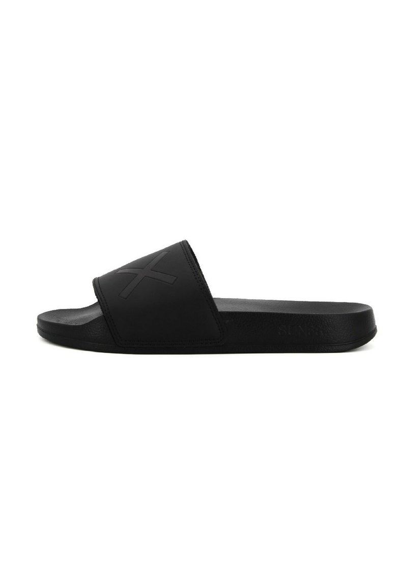 Black slide sandals with wide top strap, made of smooth rubber, featuring a raised logo design and flat, textured sole for grip.