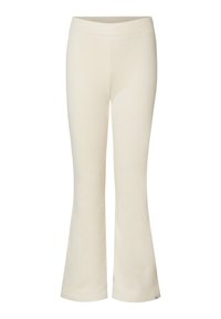 Uitlopende crèmekleurige leggings van zachte stof met een gladde textuur. Voorzien van een elastische tailleband voor comfort en zonder zichtbare hardware.