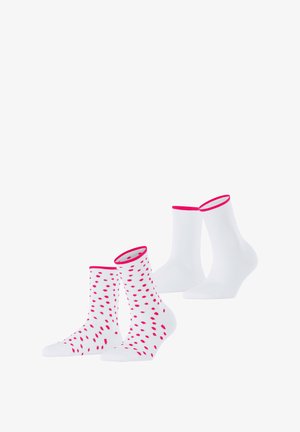 Two pairs of white socks: one with pink polka dots and a pink striped cuff, the other solid white with a pink cuff.