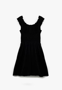 Schwarzes Kleid mit einem gerafften Oberteil und Rüsche-Trägern, aus strukturiertem Stoff mit ausgestellt Rock, der oberhalb des Knies endet.