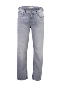 Jasnoszare jeansy denim o prostych nogawkach, z pięcioma kieszeniami i zapięciem na guziki. Postarzany materiał z delikatnym blaknięciem.