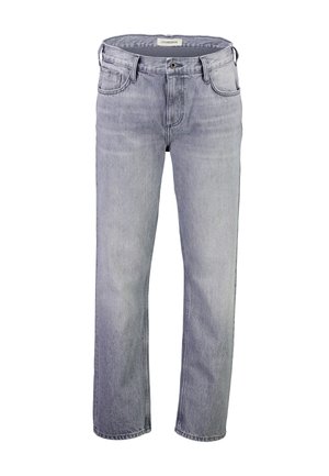 Hellgraue Denim-Jeans mit geradem Bein, fünf Taschen und Knopfleiste. Abgenutzte Struktur mit dezentem Verblassen.