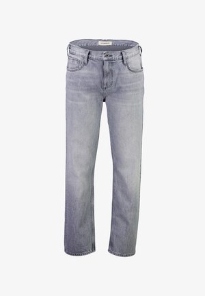 Hellgraue Denim-Jeans mit geradem Bein, fünf Taschen und Knopfleiste. Abgenutzte Struktur mit dezentem Verblassen.