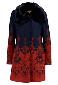 Uldblandingsfrakke i navy med et rødt blomstermønster, udstyret med en sort faux fur krave og lange ærmer, designet med en lige silhuet.