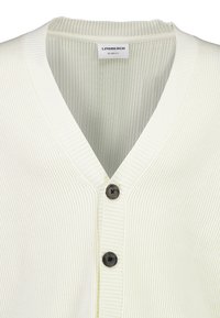 Krämfärgad ribbad cardigan med V-ringning, prydd med två svarta knappar och en avslappnad passform. Texturerad tyg ger ett subtilt mönster.