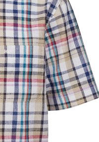 Camicia a maniche corte a quadretti che presenta un mix di colori beige, blu, rosso e verde. Realizzata in tessuto leggero con taschino.