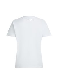 Λευκό T-shirt με κοντά μανίκια και το κείμενο "KARL LAGERFELD" τυπωμένο με μαύρα γράμματα στο πάνω μέρος της πλάτης κοντά στο λαιμό.
