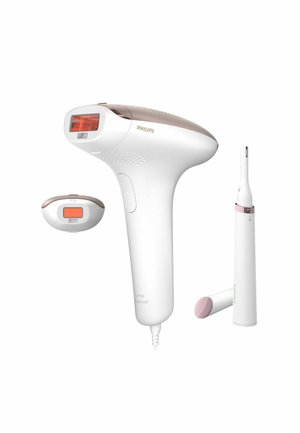 Philips Lumea Advanced ontharingsapparaat in wit met roségouden accenten; bevat een opzetkop en een kleinere trimmer, ontworpen met snoer.