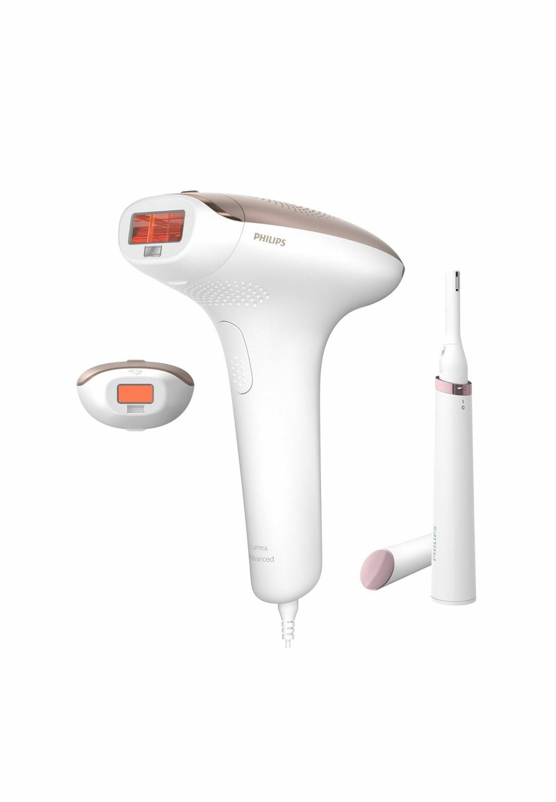 Appareil d'épilation Philips Lumea Advanced en blanc avec des accents rose doré ; comprend une tête d'attachment et un petit taille-bordures, design avec fil.