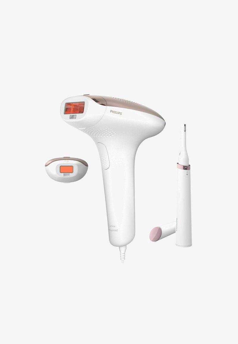 Dispositivo per la rimozione dei peli Philips Lumea Advanced di colore bianco con dettagli in oro rosa; include una testa di attacco e un piccolo rifinitore, design con cavo.