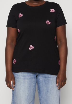 Black cotton t-shirt featuring pink floral embroidery in various positions. Crew neckline and short sleeves. Casual fit.