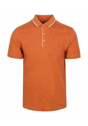 Orange short-sleeve polo shirt with two buttons and white trim on collar and button placket, featuring small "State of Art" text on chest.