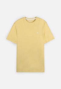 T-shirt en coton jaune avec un col rond et des manches courtes, arborant un petit logo blanc sur la poitrine gauche.