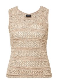 Beige mouwloze gebreide top met een opengewerkt ontwerp en horizontale strepen. Geverfde garen met een licht losse pasvorm en ronde halslijn.