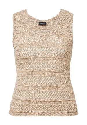 Beige ärmelloses Strickoberteil mit einer offenen Strickdesign und horizontalen Streifen. Strukturiertes Garn mit leicht lockerer Passform und rundem Ausschnitt.