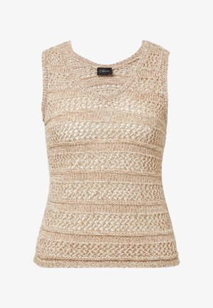Beige sleeveless knit top featuring an openwork design with horizontal stripes. Textured yarn with a slightly loose fit and round neckline.