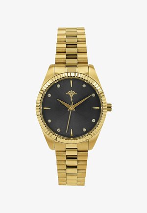 Goldfarbene Metalluhr mit schwarzem Zifferblatt, ausgestattet mit diamantähnlichen Stundenmarkierungen, goldenen Zeigern und einer strukturierten Lünette. Armband im Stil einer Gliederkette.