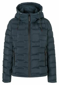 Dunkelblaue Steppjacke mit Kapuze, ausgestattet mit einem Reißverschluss vorne, zwei Seitentaschen und elastischen Kordelzügen. Strukturiertes Steppmuster.