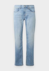 Light blue denim jeans with a straight leg design, five pockets, visible stitching, and a faded finish near the thighs and knees.
