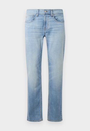 Light blue denim jeans with a straight leg design, five pockets, visible stitching, and a faded finish near the thighs and knees.