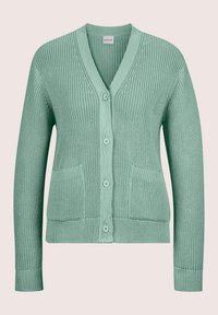 Hellgrüne Strickjacke mit V-Ausschnitt, vorderen Knöpfen, zwei Taschen, gerippten Bündchen und Saum sowie einem strukturierten Muster auf der gesamten Fläche.