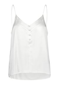 Camisole en satin blanc avec des fines bretelles, décolleté en V et devant boutonné. L'ourlet est légèrement arrondi avec une texture lisse et brillante.