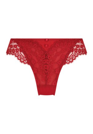 Rote Spitzenstring mit Blumenmuster, gewelltem Rand und zwei dekorativen Knöpfen vorne. Weicher Bund mit transparentem Rückenteil.