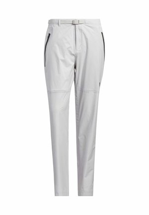 Pantalons gris clair en tissu lisse et léger. Comprend une ceinture, des poches zippées et une coupe effilée.