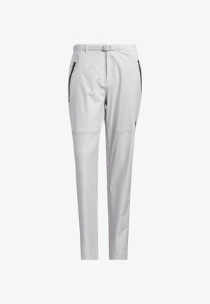 Jasnoszare spodnie uszyte z gładkiego, lekkiego materiału. Posiadają pasek, zasuwane kieszenie oraz zwężający się fason nogawki.