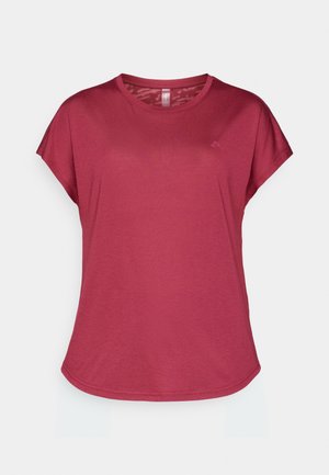 Beerenfarbenshirt mit kurzen Ärmeln, rundem Halsausschnitt, weichem Material, lockerem Schnitt und einem dezenten Logo auf der linken Vorderseite.