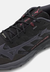 Chaussure de sport noire avec une tige en mesh texturé, des accents rouges et une semelle extérieure durable. Comprend une membrane Gore-Tex pour l'imperméabilité et la stabilité.