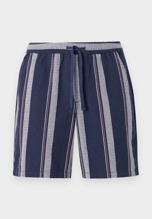 Marineblaue Badehose mit vertikal gestreiftem Muster in Weiß und Rot, elastischem Taillenbund und Kordelzug, aus leichtem Stoff gefertigt.