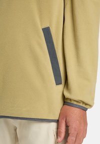 Fleecejack in lichtgeel met grijze accenten. Beschikt over een zijvak en elastische manchetten, met een zachte textuur en een casual ontwerp.