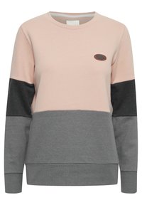 Sweat-shirt rose et gris à manches longues, avec un design coloré en blocs, un col rond et un badge logo sur la poitrine. Matière en coton doux.