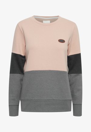 Rozā un pelēka sporta krekls ar garām piedurknēm, kuram ir krāsu bloku dizains, apaļa dekoltē un logo uz pleca. Mīksts kokvilnas materiāls.