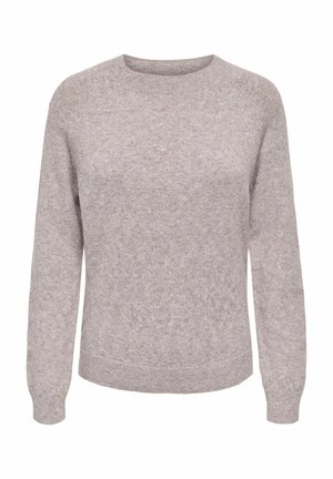 Pull en laine gris clair avec un col rond et des manches longues. Présente un tissu doux et texturé avec des poignets et un ourlet côtes.