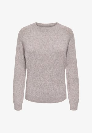 Pull en laine gris clair avec un col rond et des manches longues. Présente un tissu doux et texturé avec des poignets et un ourlet côtes.