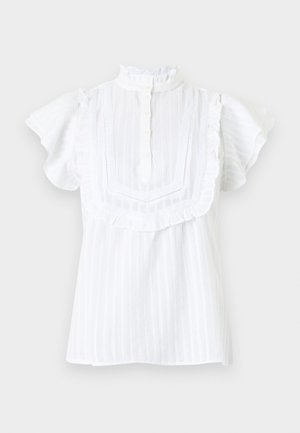 Witte blouse met korte mouwen, voorzien van een hoge gerimpelde kraag, knoopsluiting en decoratieve kantdetails. Heeft verticale strepen en een losse pasvorm.