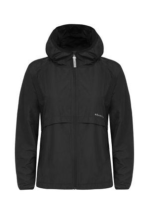 Zwarte lichtgewichtjas met capuchon, volledige ritssluiting en elastische manchetten. Voorzien van een voorzak en een subtiel logo op de borst.