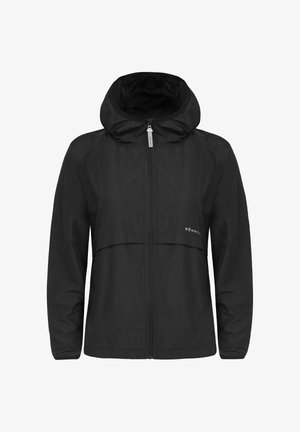 Zwarte lichtgewichtjas met capuchon, volledige ritssluiting en elastische manchetten. Voorzien van een voorzak en een subtiel logo op de borst.