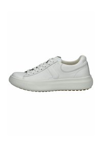 Sneakers in pelle bianca con punta arrotondata, suola in gomma texturizzata e design con lacci. Parte superiore liscia con sottili dettagli di cucitura.