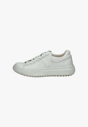 Sneakers in pelle bianca con punta arrotondata, suola in gomma texturizzata e design con lacci. Parte superiore liscia con sottili dettagli di cucitura.