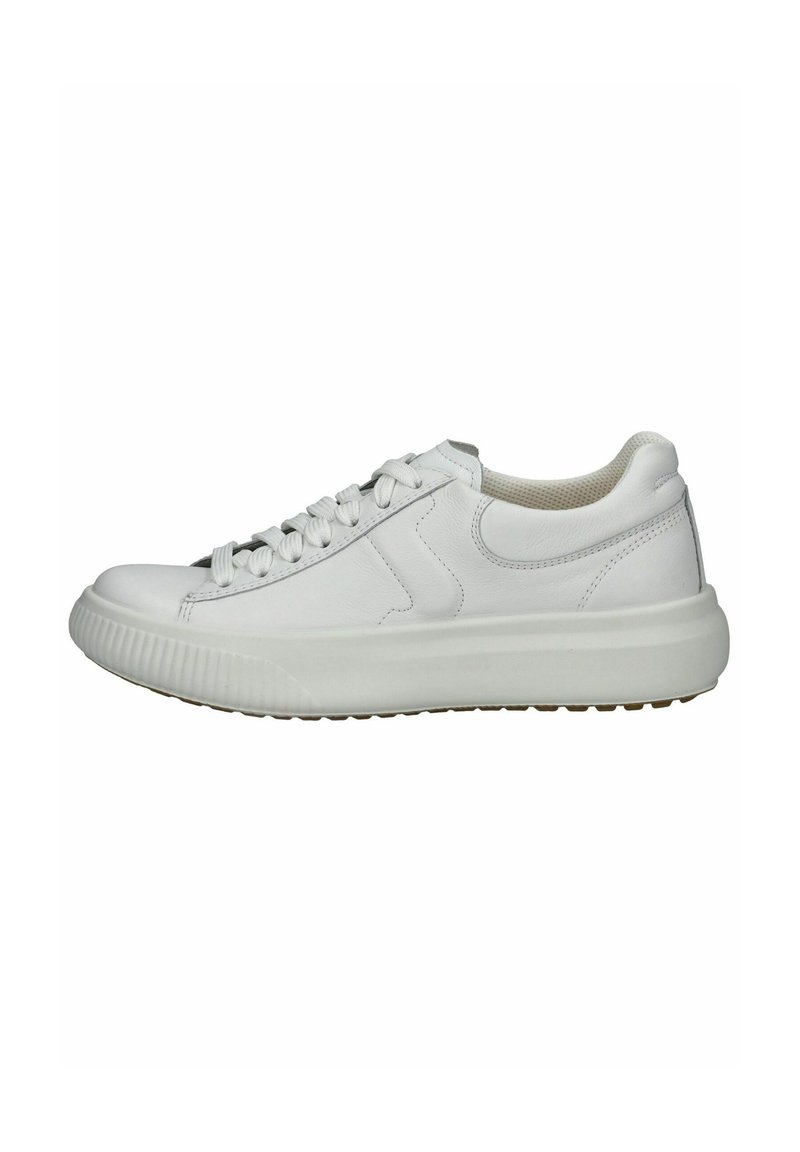 Sneakers in pelle bianca con punta arrotondata, suola in gomma texturizzata e design con lacci. Parte superiore liscia con sottili dettagli di cucitura.