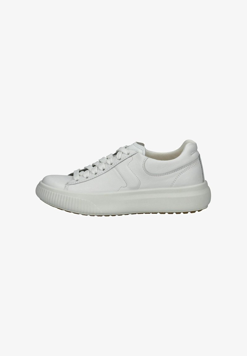 Witte leren sneakers met een ronde neus, een gestructureerde rubbersole en vetersluiting. Gladde bovenkant met subtiele stikseldetails.