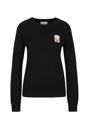 Schwarzer langärmeliger Strickpullover mit gerippten Bündchen und Saum, mit einem kleinen bestickten Teddybär mit Matrosenhut auf der linken Brust.