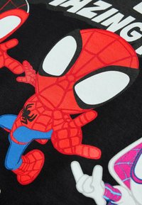 Černá tkanina s pestrými grafikami Spider-Mana v červené, modré a bílé barvě. Výrazné detaily zahrnují velké bílé oči a charakteristické vzory pavučin.